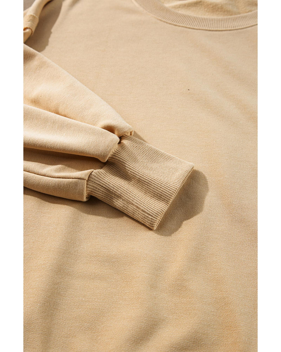 Light French Beige Exposed Seam Drop Shoulder Round Neck Sweatshirt with Slits - M
