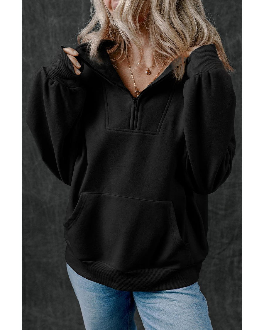 Black Zip-up Stand Neck Kangaroo Pocket Sweatshirt - M