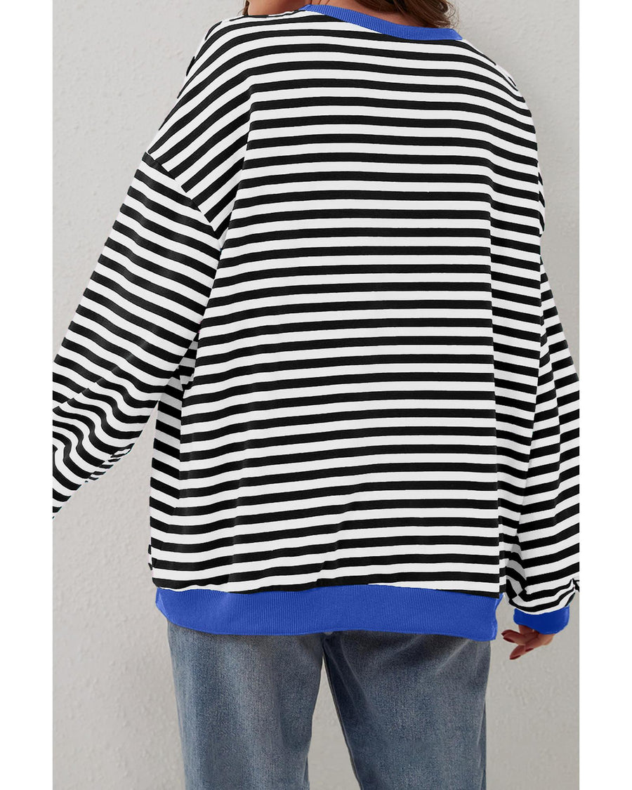 Black Stripe Oversized Contrast Trim Pullover Sweatshirt - M