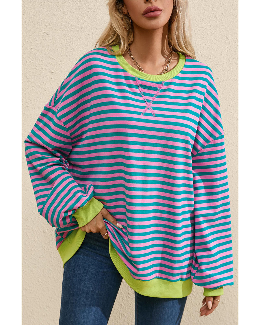 Green Stripe Oversized Contrast Trim Pullover Sweatshirt - XL