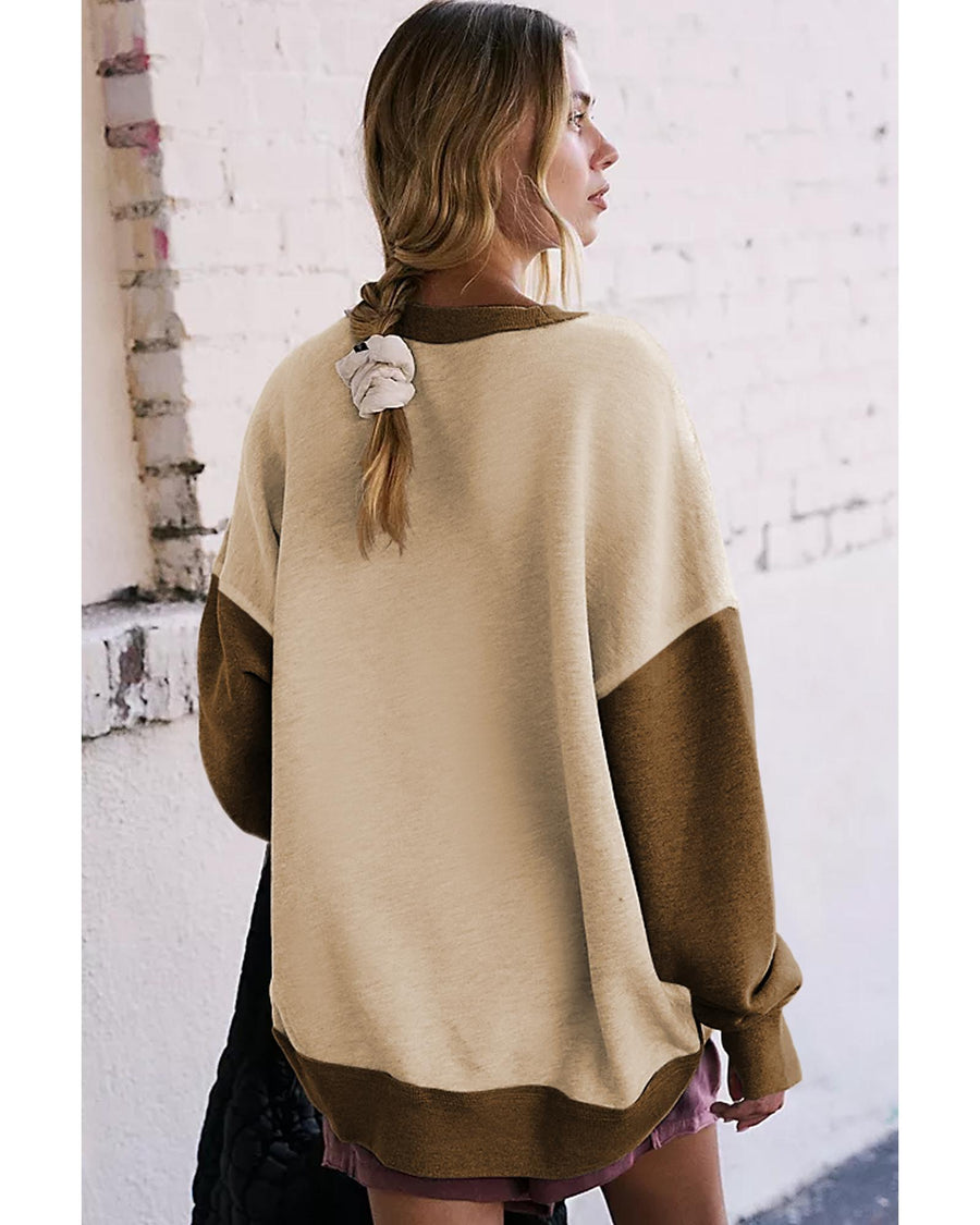 Apricot Color Block Thumbhole Sleeve Drop Shoulder Sweatshirt - S