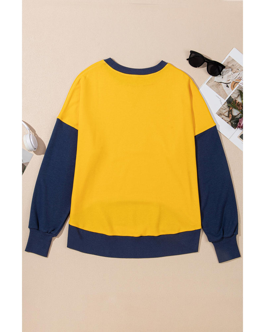 Yellow Color Block Thumbhole Sleeve Drop Shoulder Sweatshirt - 2XL