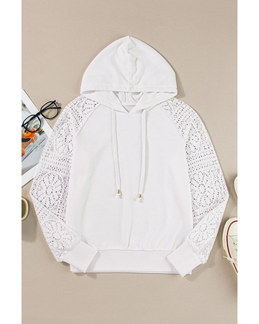 White Lace Patchwork Sleeve Drawstring Hoodie - S