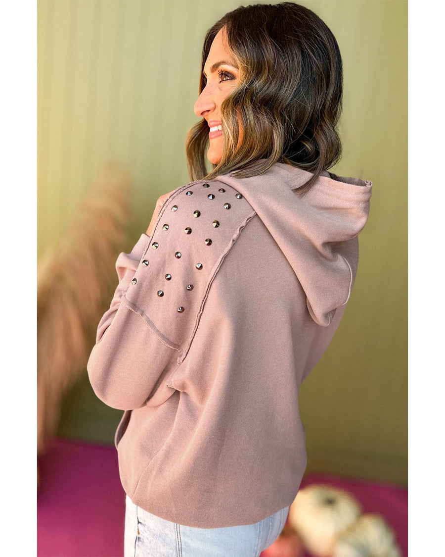 Fushia Solid Color Rivet Stud Raglan Sleeve Hoodie with Pocket - L