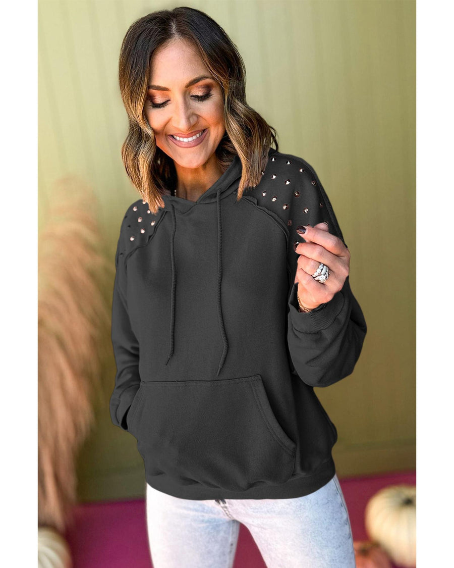 Black Solid Color Rivet Stud Raglan Sleeve Hoodie with Pocket - L