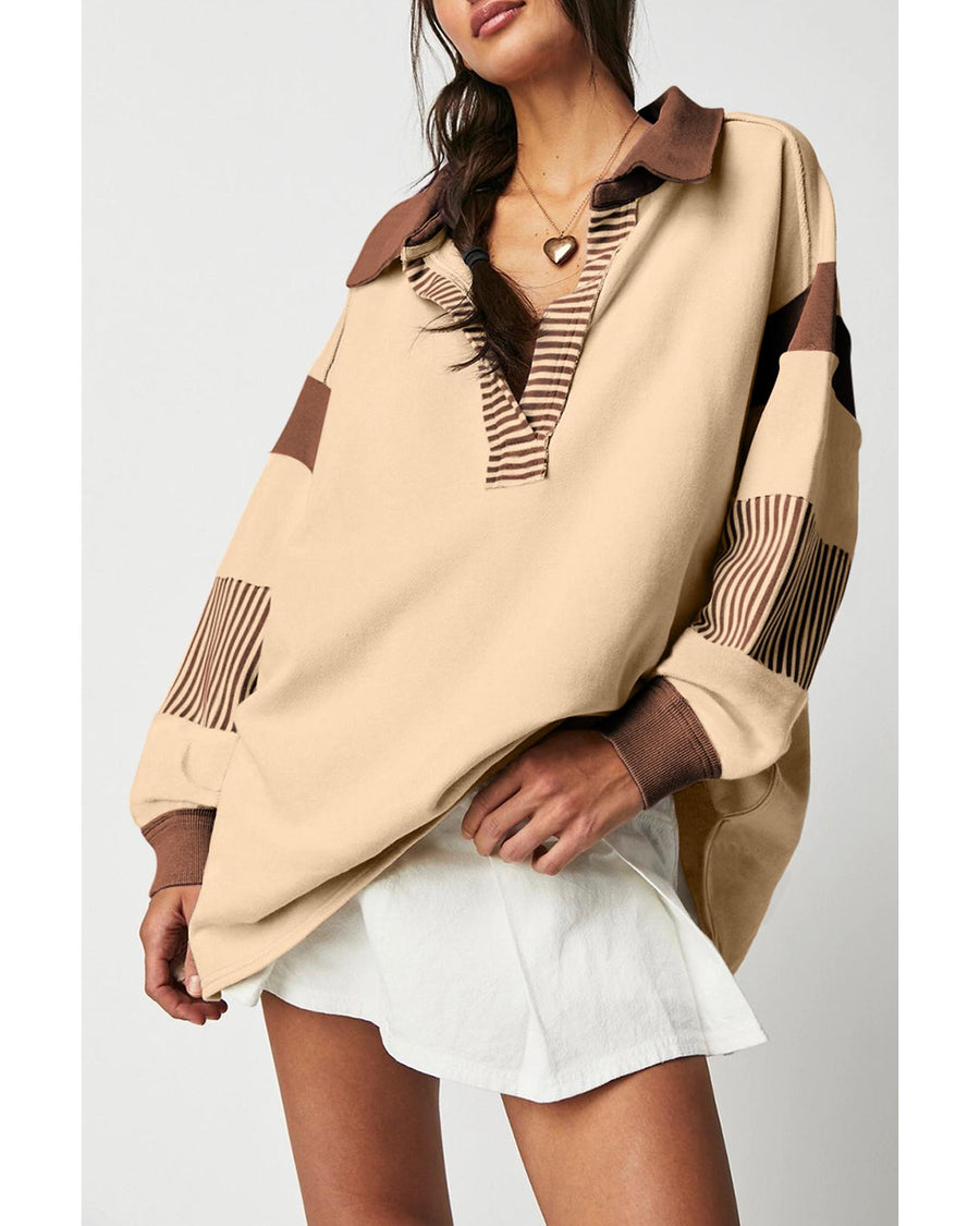 Light French Beige Striped Colorblock Patchwork Collar Sweatshirt - M