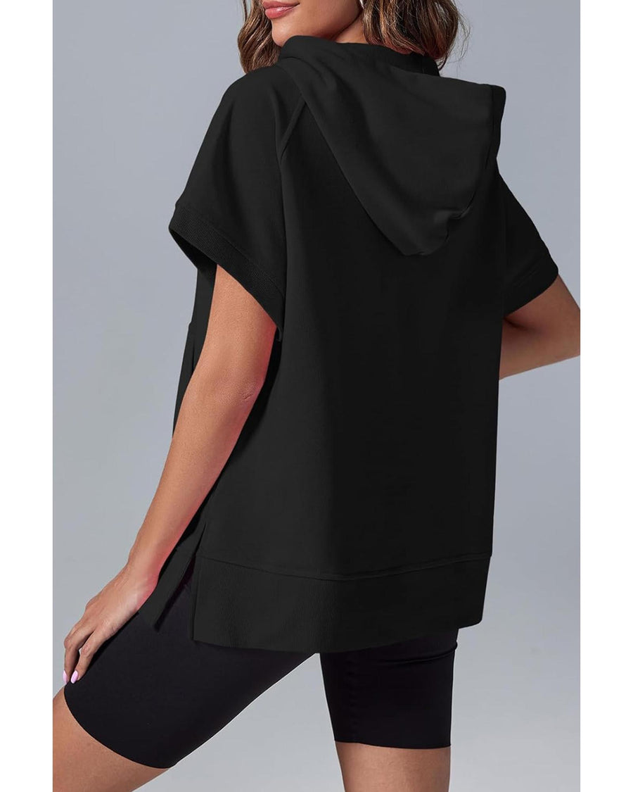 Black Half Zipper Kangaroo Pocket Short Sleeve Hoodie - S