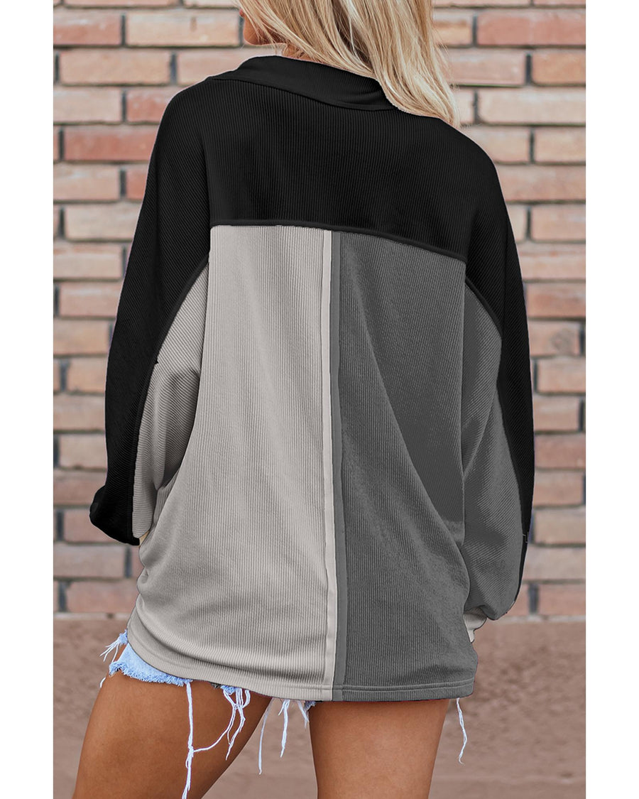 Gray Colorblock Ribbed Collared Oversized Sweatshirt - M