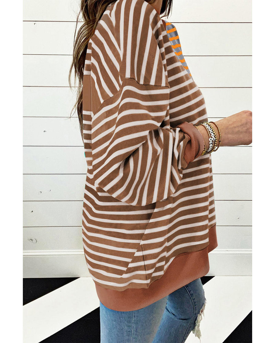 Brown Stripe Casual Stripe Colorblock Drop Shoulder Oversize Sweatshirt - XL