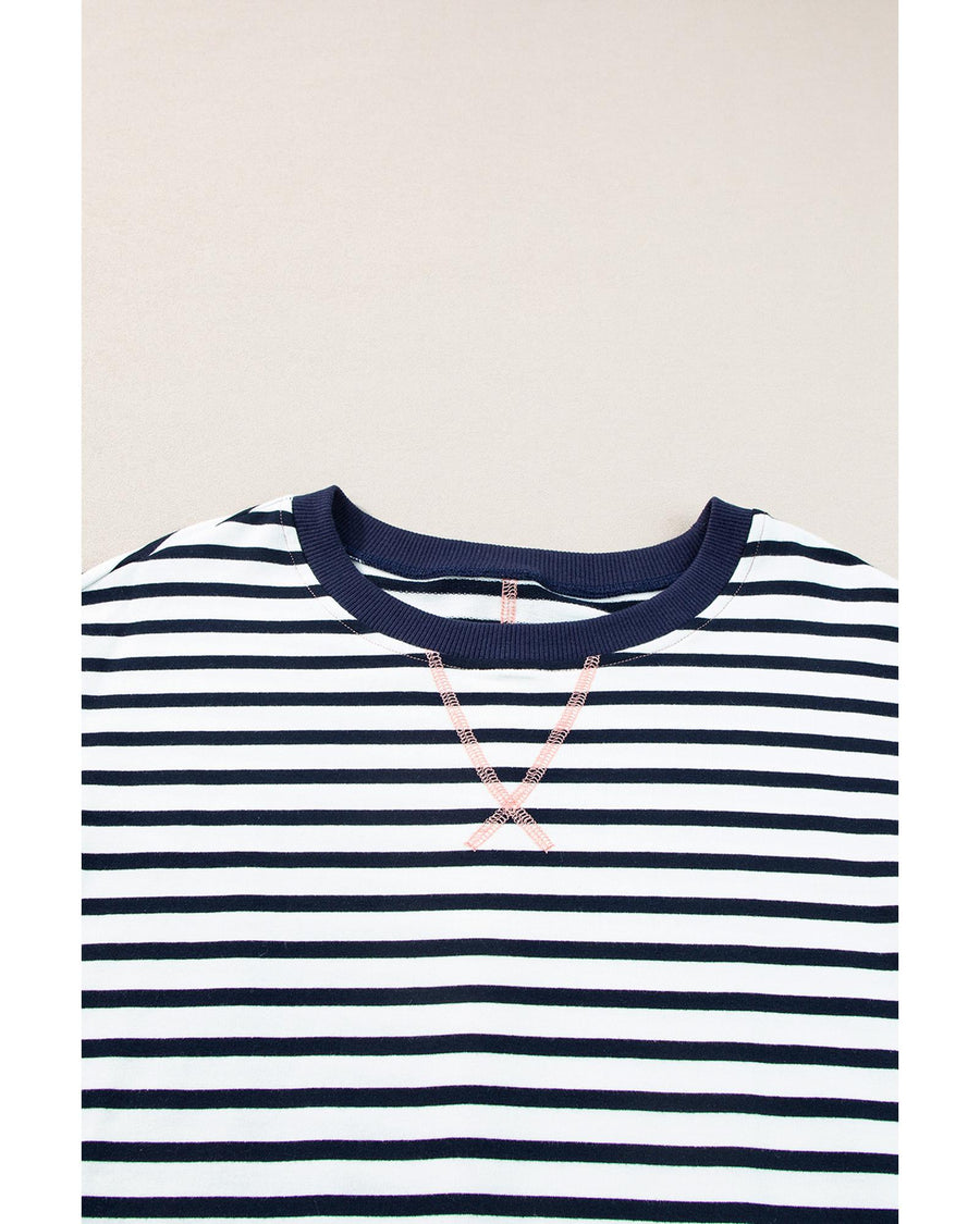 White Stripe Color Block Exposed Seam Loose Fit Sweatshirt - XL