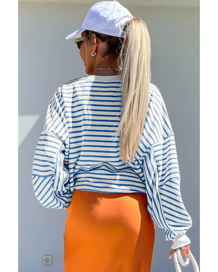 Blue Stripe Drop Shoulder Crew Neck Loose Sweatshirt - M