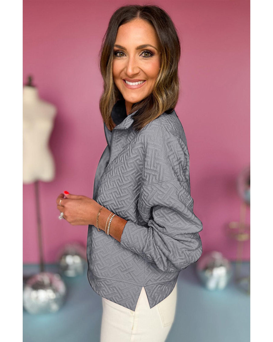 Gray Solid Textured Half Zipper Collared Sweatshirt - S