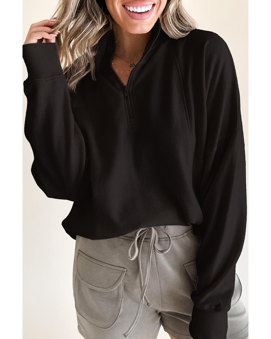 Black Zipped Neck Pullover Drop Shoulder Sweatshirt - L