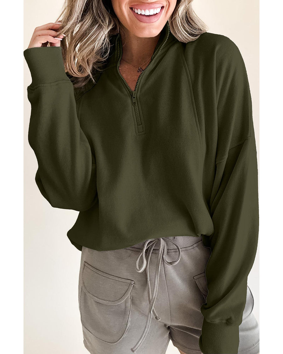 Jungle Green Zipped Neck Pullover Drop Shoulder Sweatshirt - M