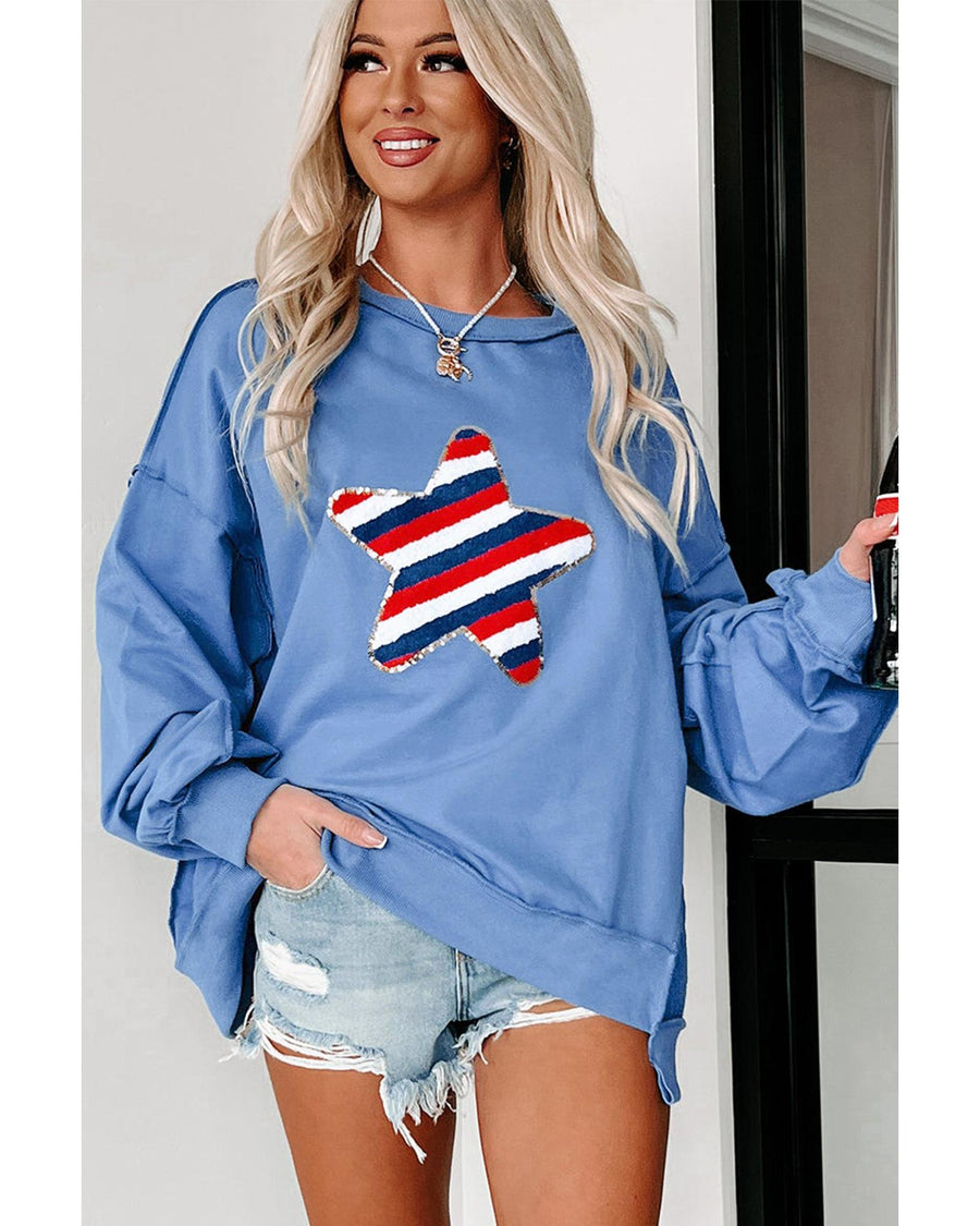Sky Blue Sequin Trim Embroidered Star USA Pattern Sweatshirt - M