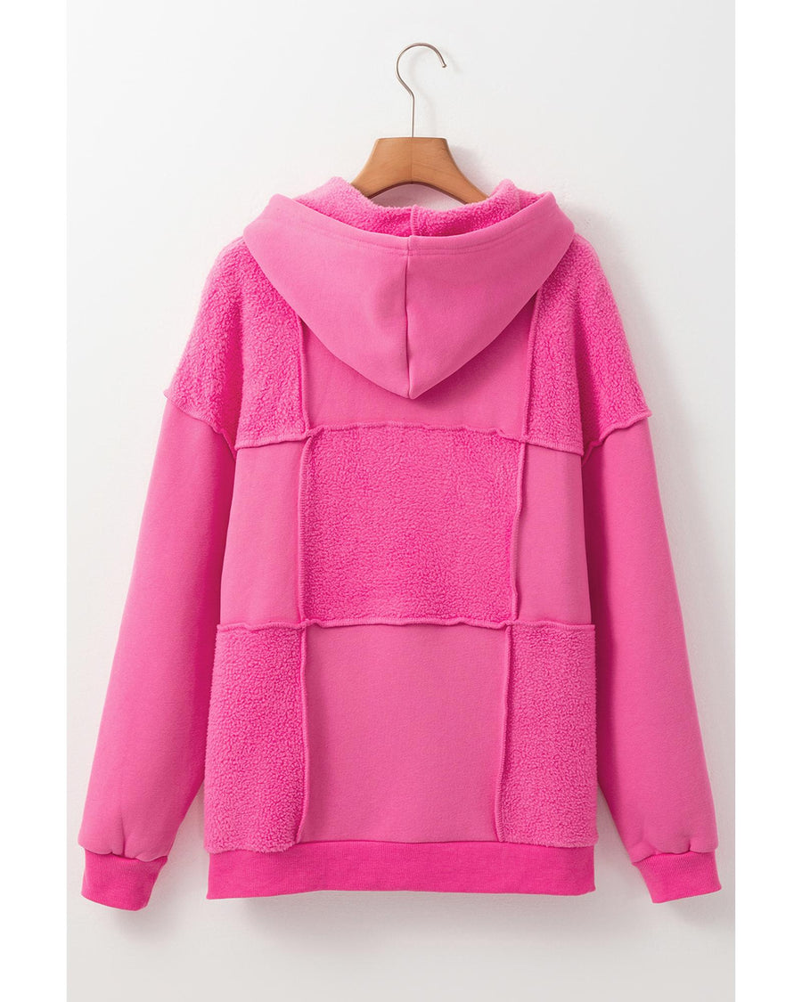 Pitaya Pink Mineral Wash Terry Patchwork Drawstring Hoodie - S