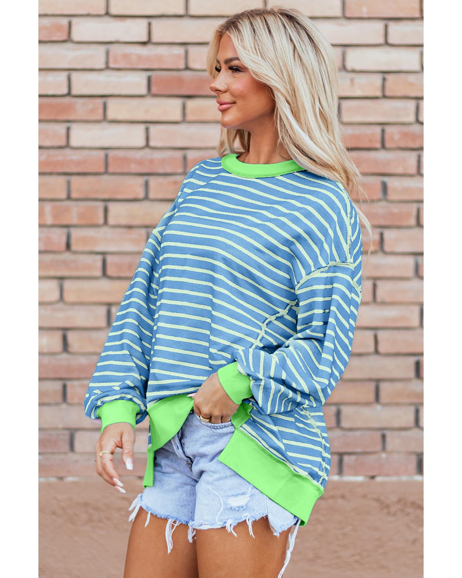 Sky Blue Stripe Contrast Trim High Low Pullover Tunic Sweatshirt - M