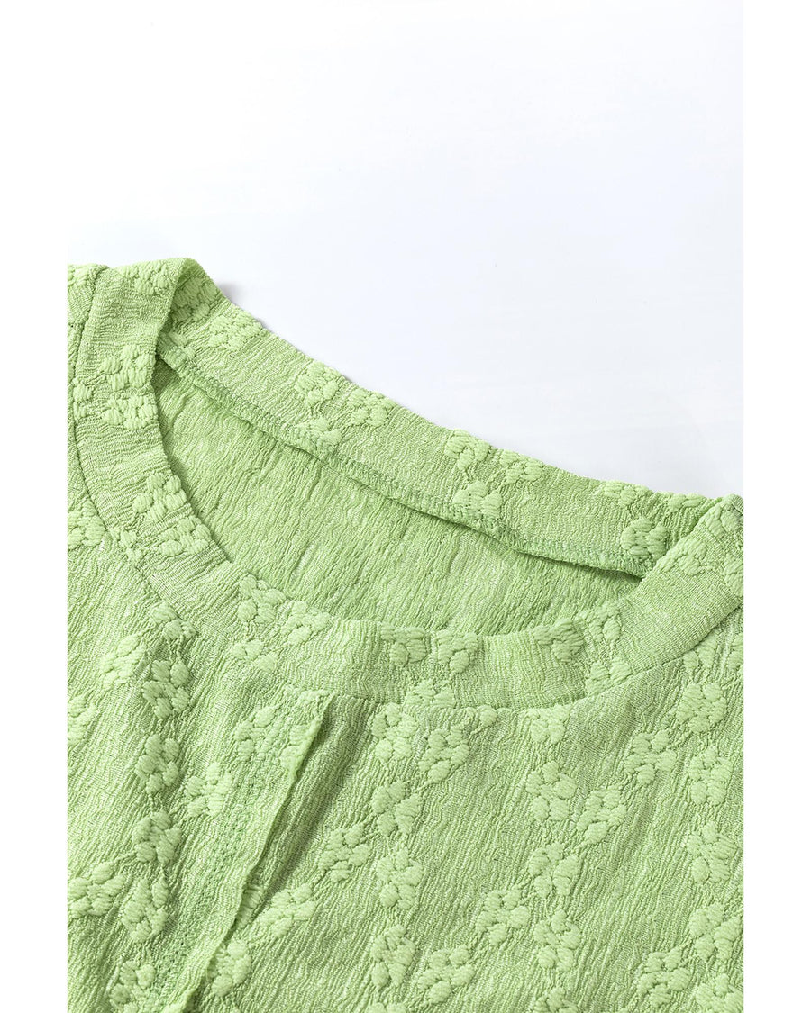 Light Green Solid Color Textured Side Split Crew Neck Blouse - M
