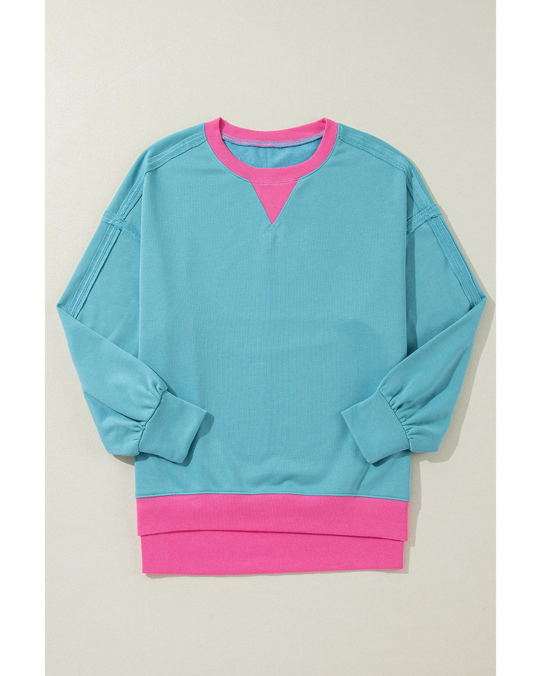 Light Blue Colorblock Patchwork Crew Neck Loose Sweatshirt - L