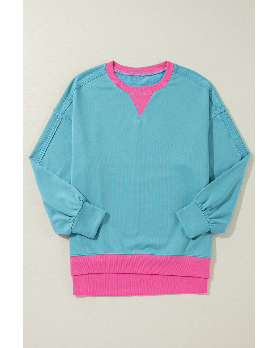 Light Blue Colorblock Patchwork Crew Neck Loose Sweatshirt - M