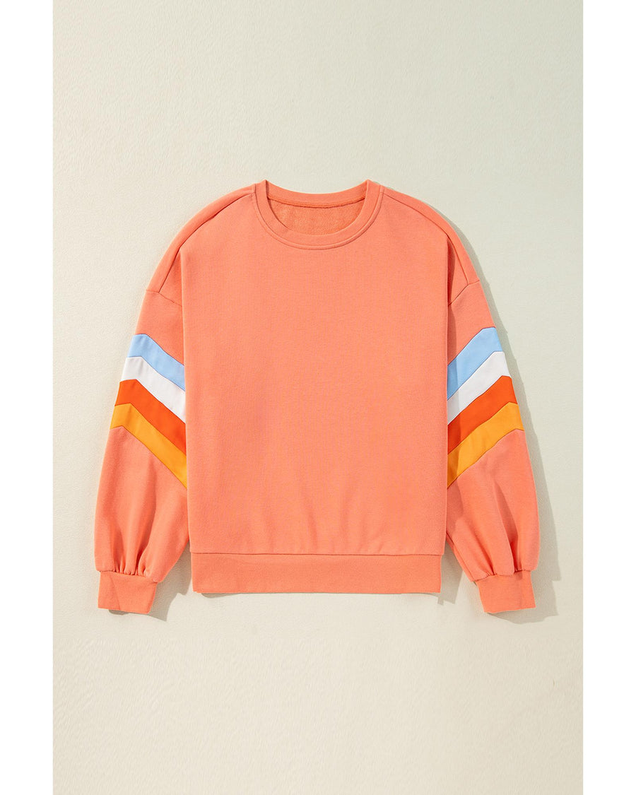 Flamingo Rainbow Striped Sleeve Crew Neck Loose Sweatshirt - M