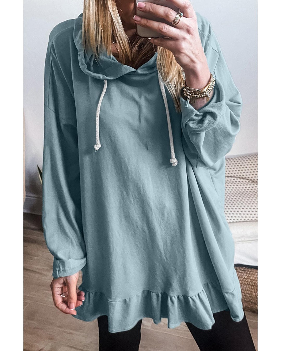 Iceland Blue Solid Ruffled Hem Loose Fit Tunic Hoodie - XL