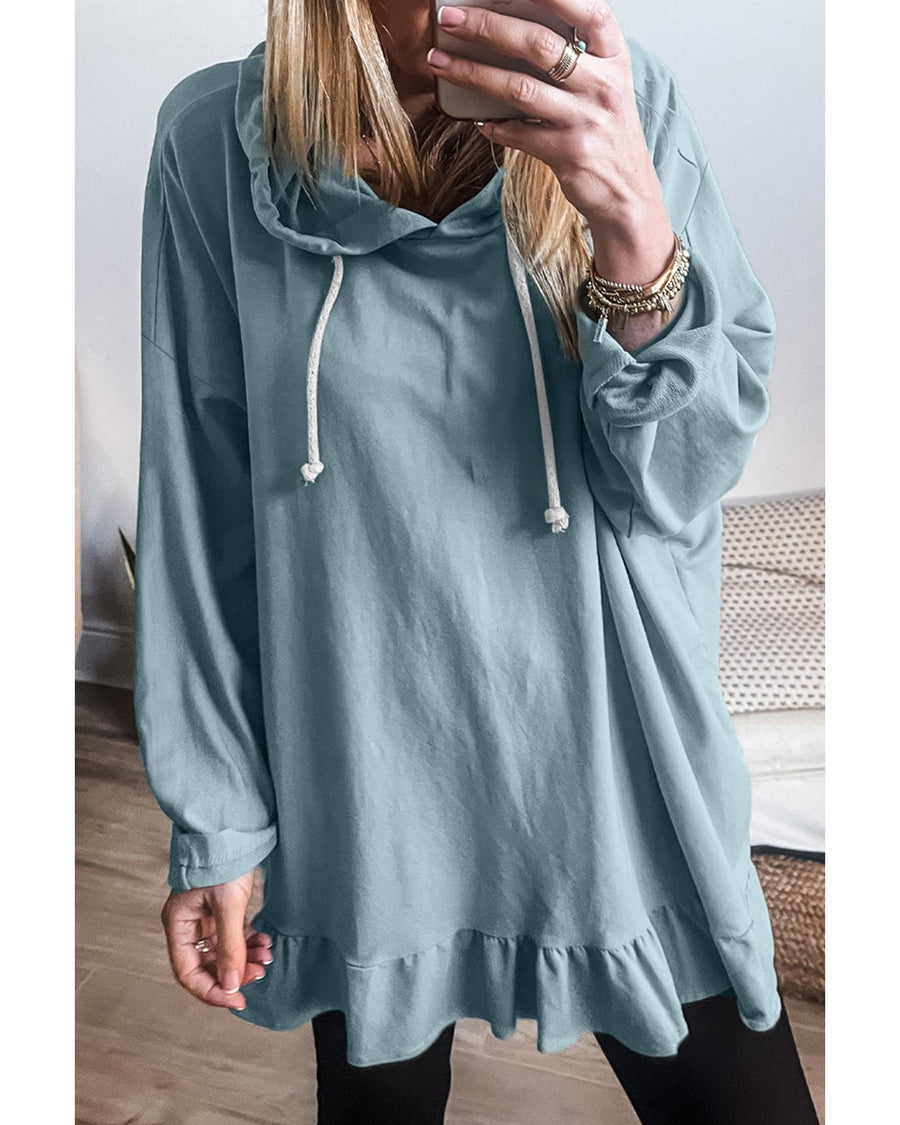Iceland Blue Solid Ruffled Hem Loose Fit Tunic Hoodie - XL