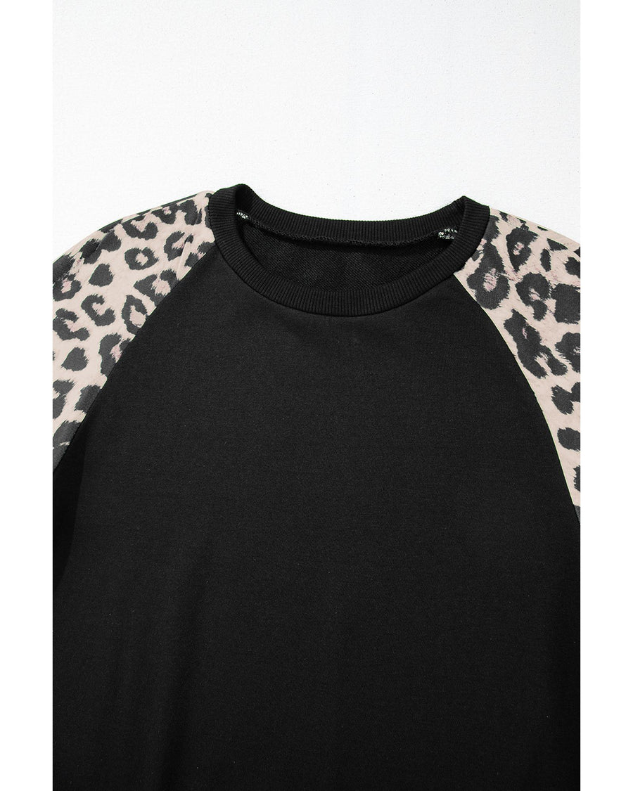 Black Leopard Print Colorblock Raglan Sleeve Sweatshirt - S