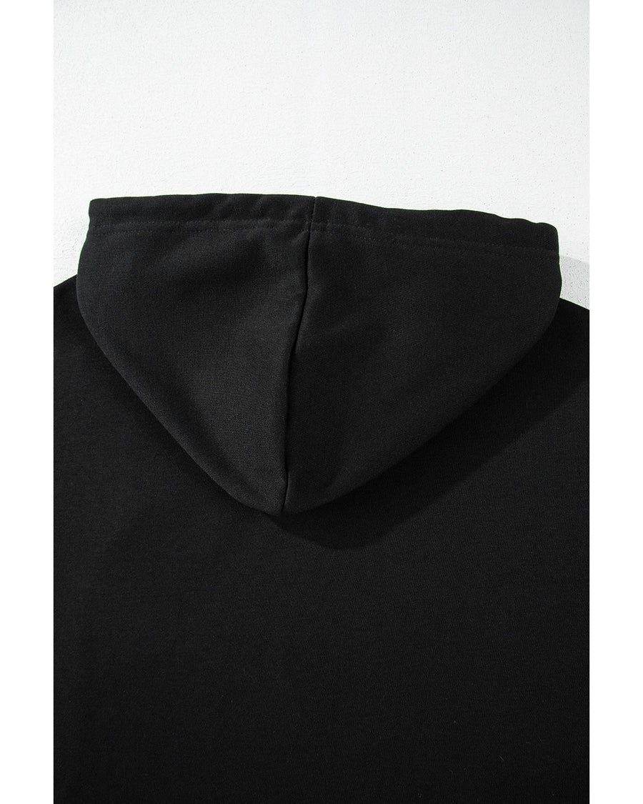 Black Solid Drop Shoulder Drawstring Cropped Hoodie - S