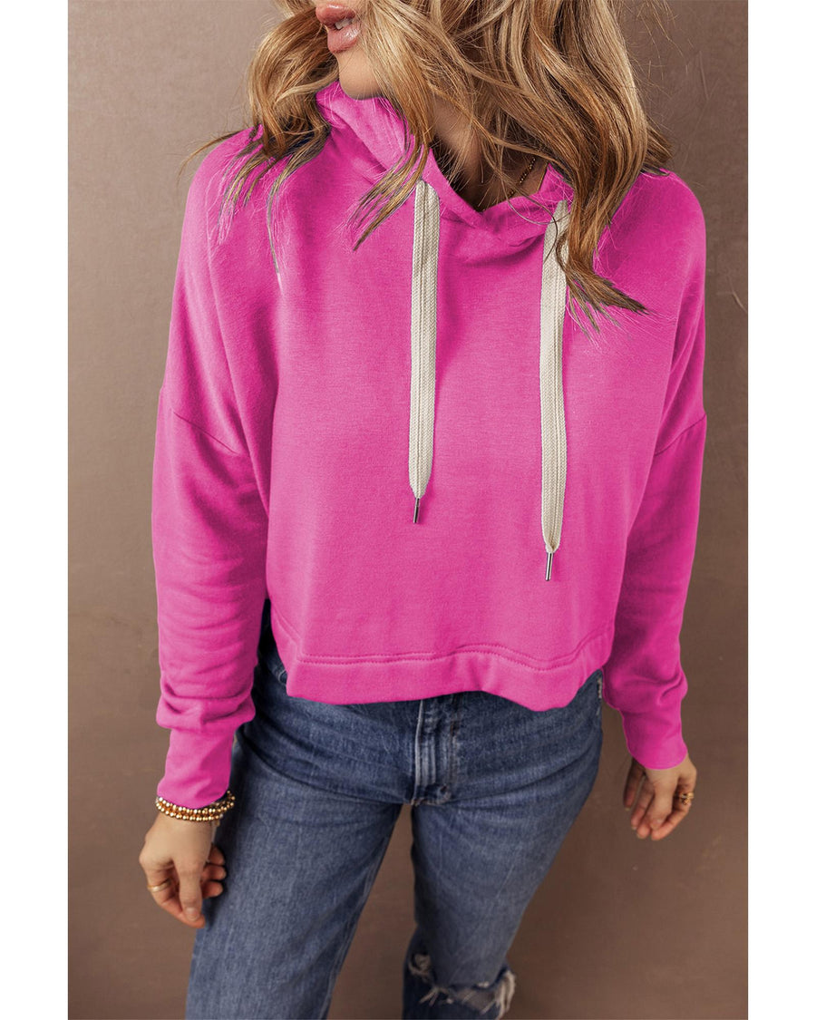 Sachet Pink Solid Drop Shoulder Drawstring Cropped Hoodie - L