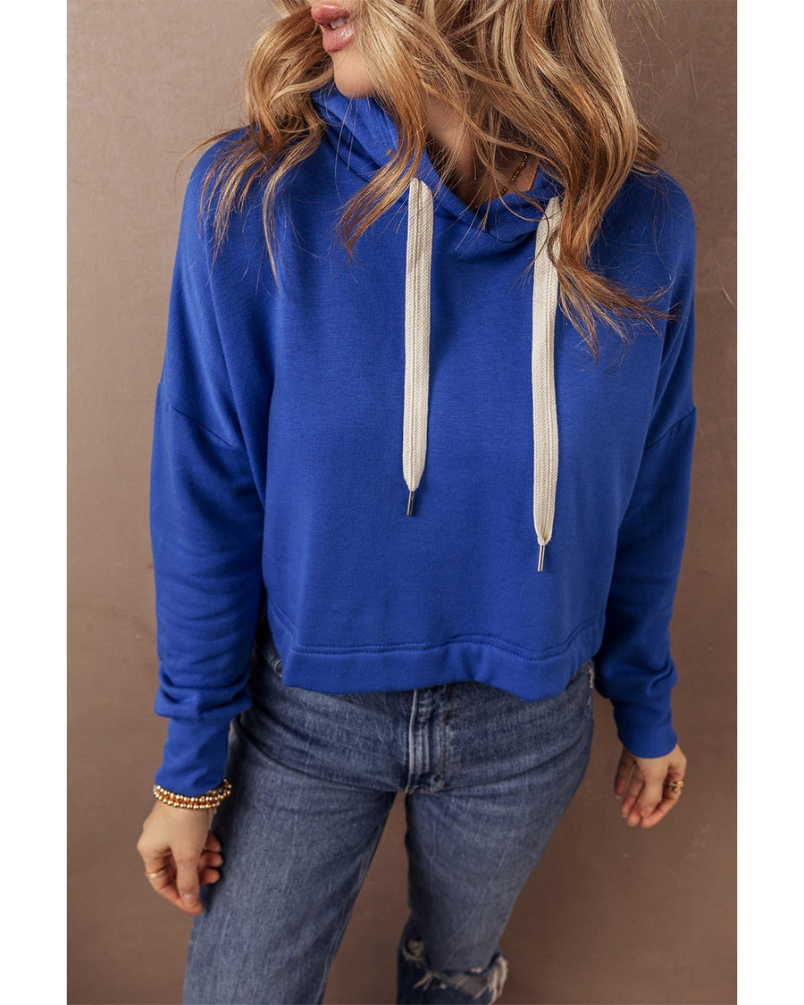Dark Blue Solid Drop Shoulder Drawstring Cropped Hoodie - L