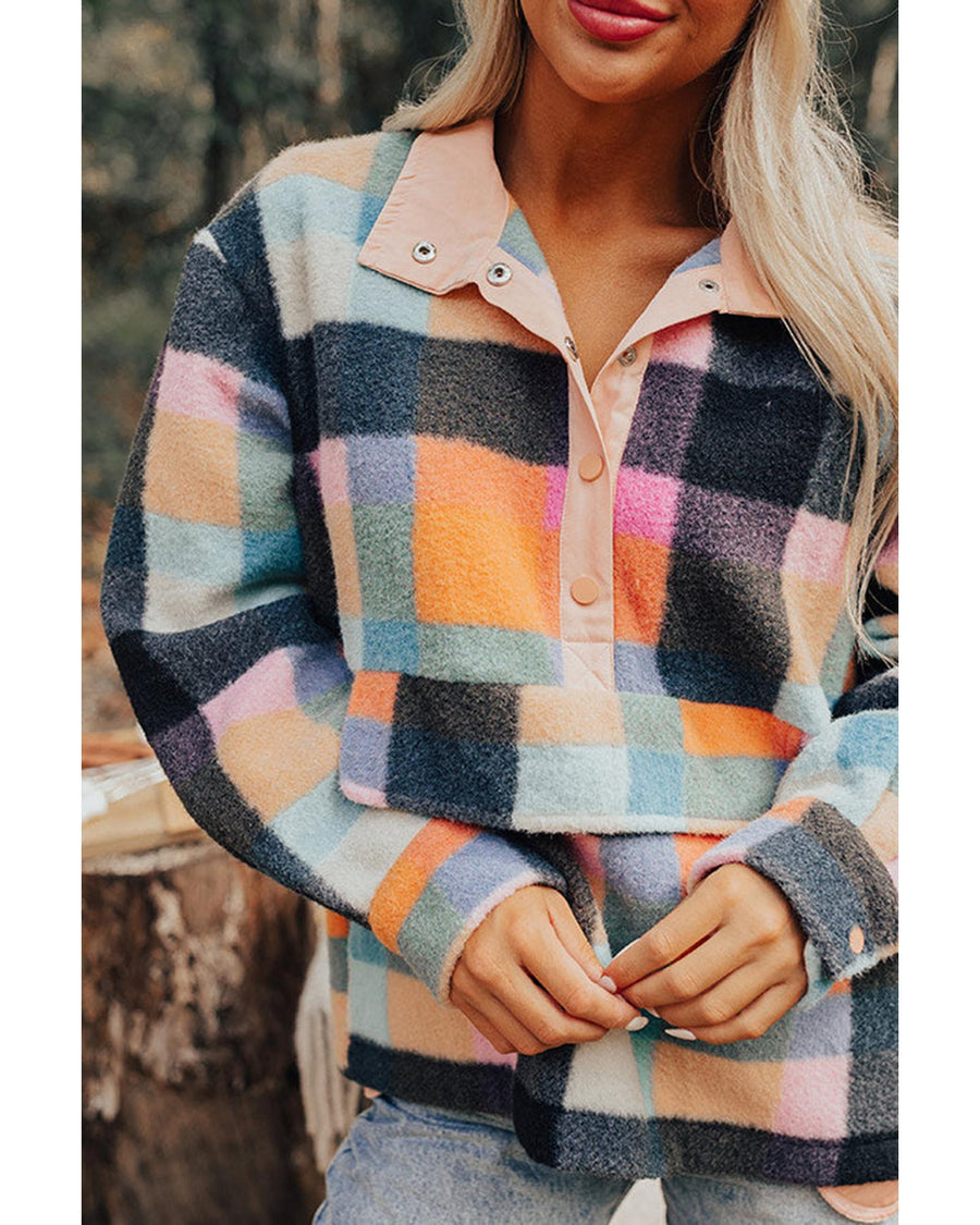 Black Plaid Print Pocketed Half Button Collared Sweatshirt - S