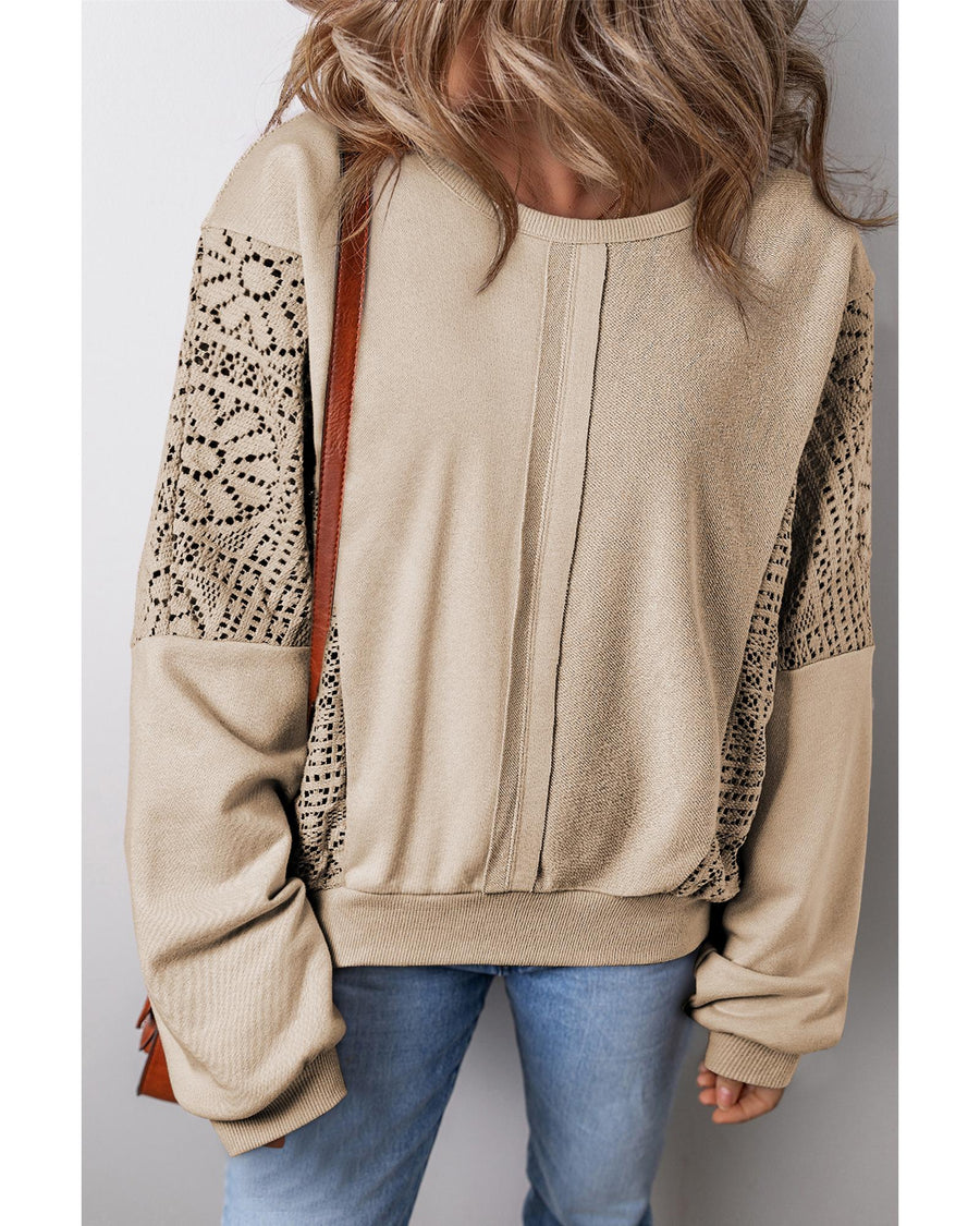 Parchment Knit Crochet Exposed Seam Ribbed Trim Sweatshirt - L