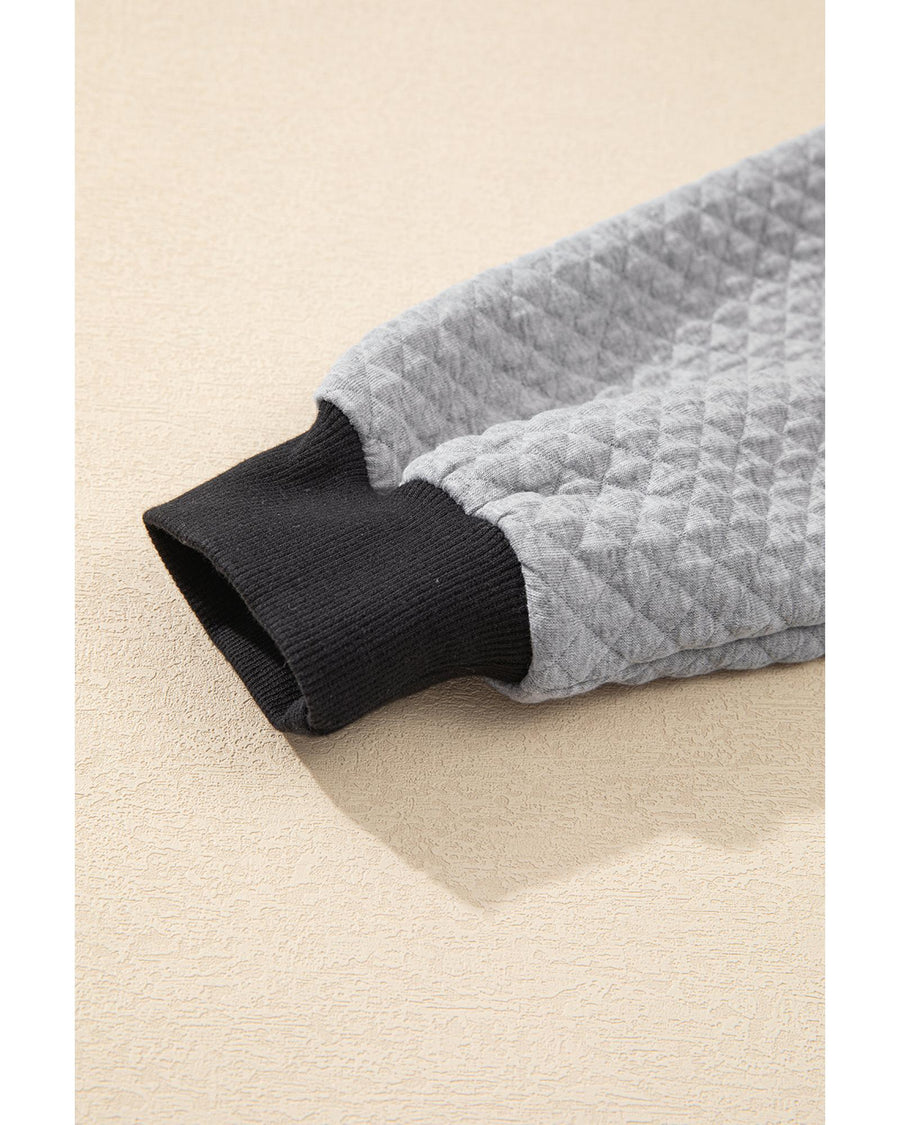 Light Grey Textured Colorblock Edge Buttoned Collar Sweatshirt - M