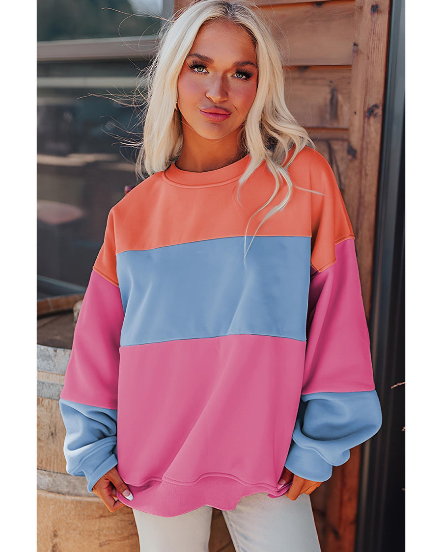 Bright Pink Colorblock Patchwork Drop Shoulder Sweatshirt - L