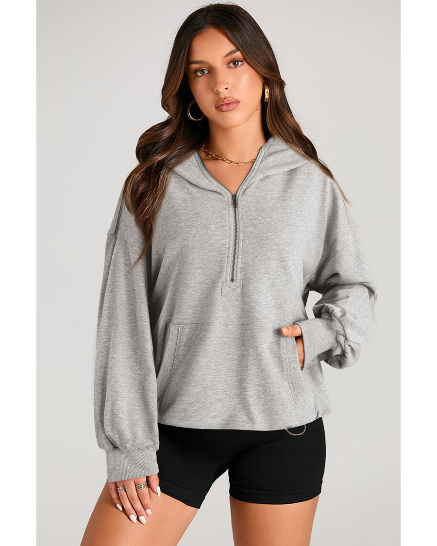 Light Grey Solid Kangaroo Pocket Half Zipper Oversized Hoodie - L