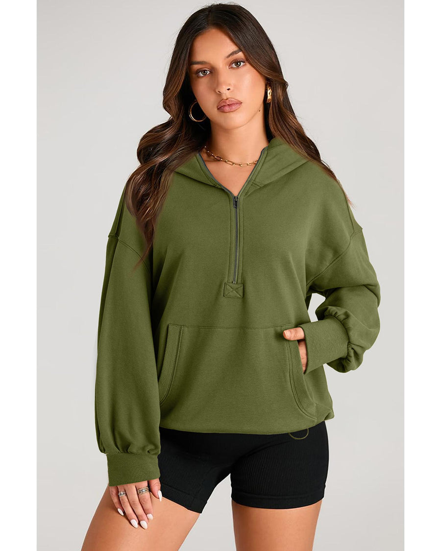 Moss Green Solid Kangaroo Pocket Half Zipper Oversized Hoodie - 2XL