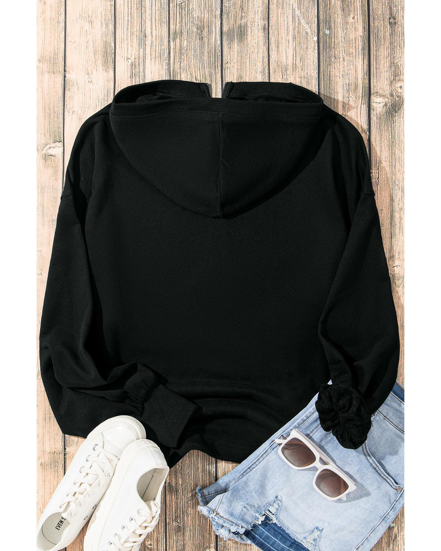 Black Solid Kangaroo Pocket Half Zipper Oversized Hoodie - S
