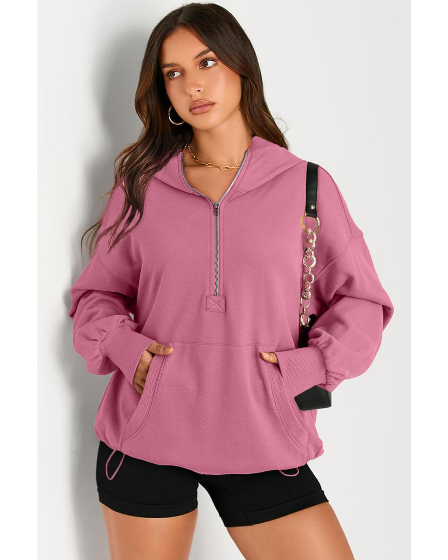 Valerian Solid Kangaroo Pocket Half Zipper Oversized Hoodie - M