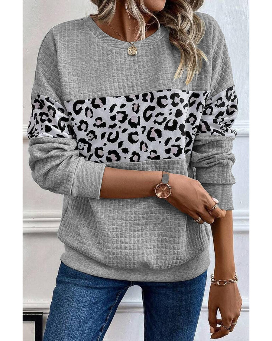 Gray Leopard Quilted Patchwork Crew Neck Sweatshirt - S