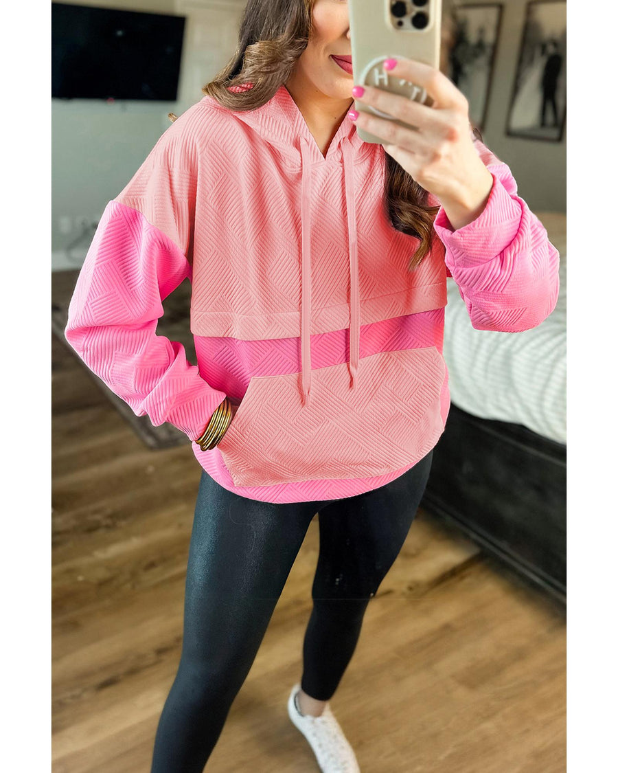 Pink Textured Color Block Kangaroo Pocket Drop Shoulder Hoodie - 2XL