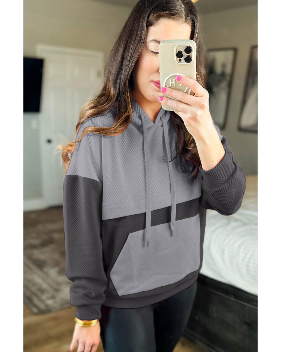 Gray Textured Color Block Kangaroo Pocket Drop Shoulder Hoodie - M