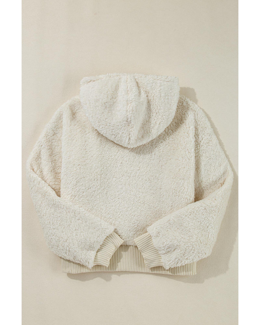 White Contrast Ribbed Edge Plush Hoodie - S