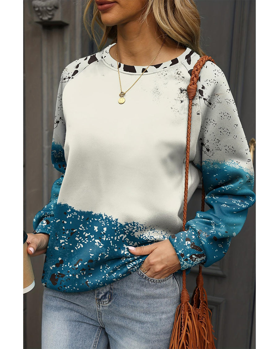 Blue Tie Dye Cow Color Block Pullover Sweatshirt - XL