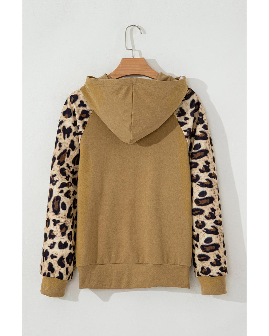 Light French Beige Leopard Print Patchwork Raglan Sleeve Half Buttons Hoodie - M