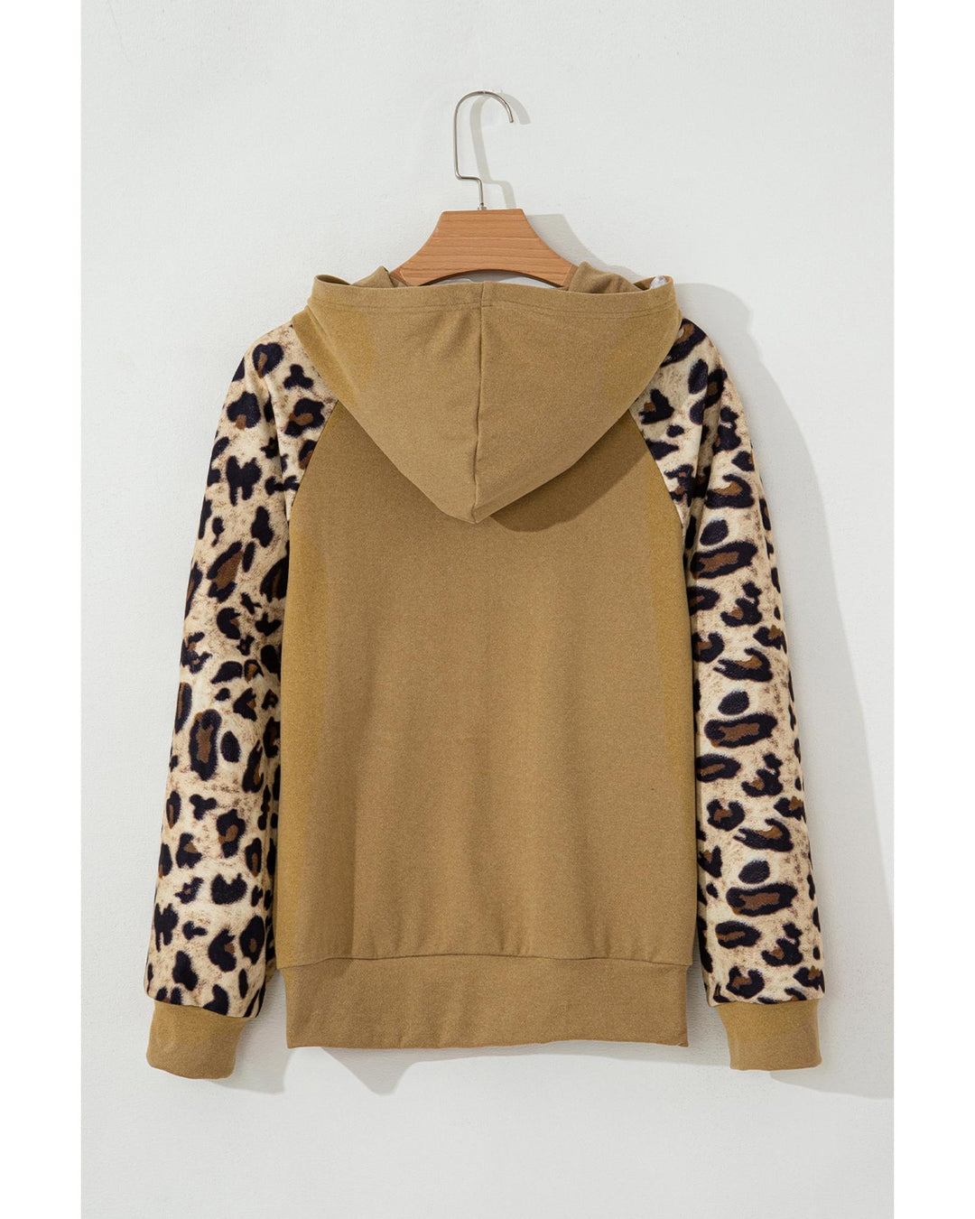 Light French Beige Leopard Print Patchwork Raglan Sleeve Half Buttons Hoodie - S