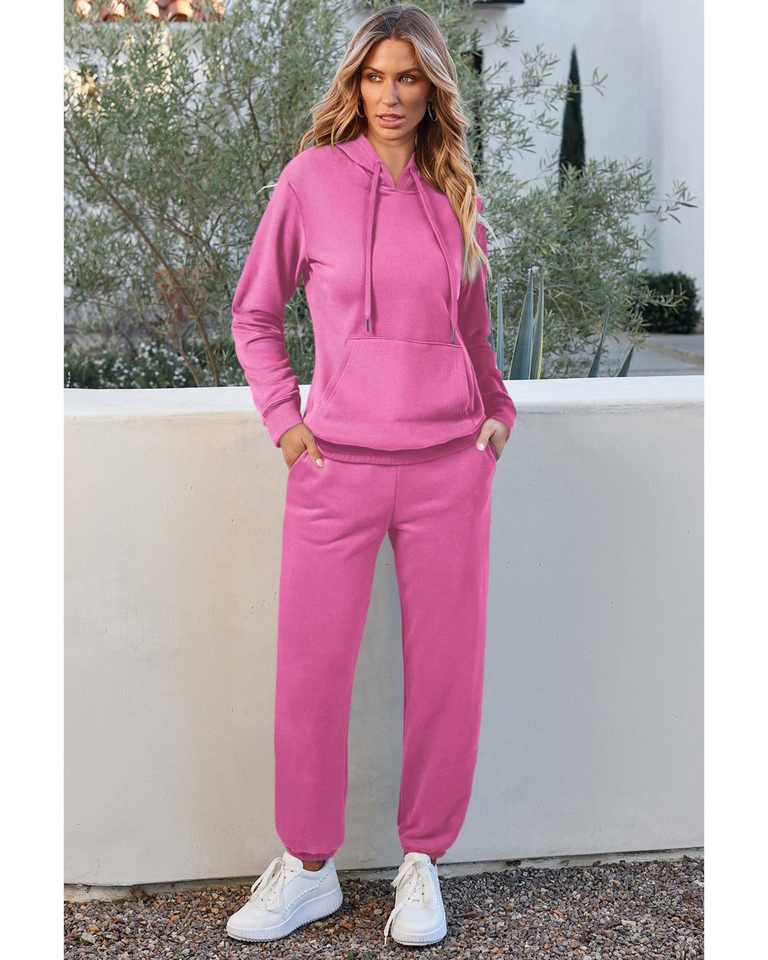 Bonbon Solid Color Fleece Lined Drawstring Hoodie with Pocket - M