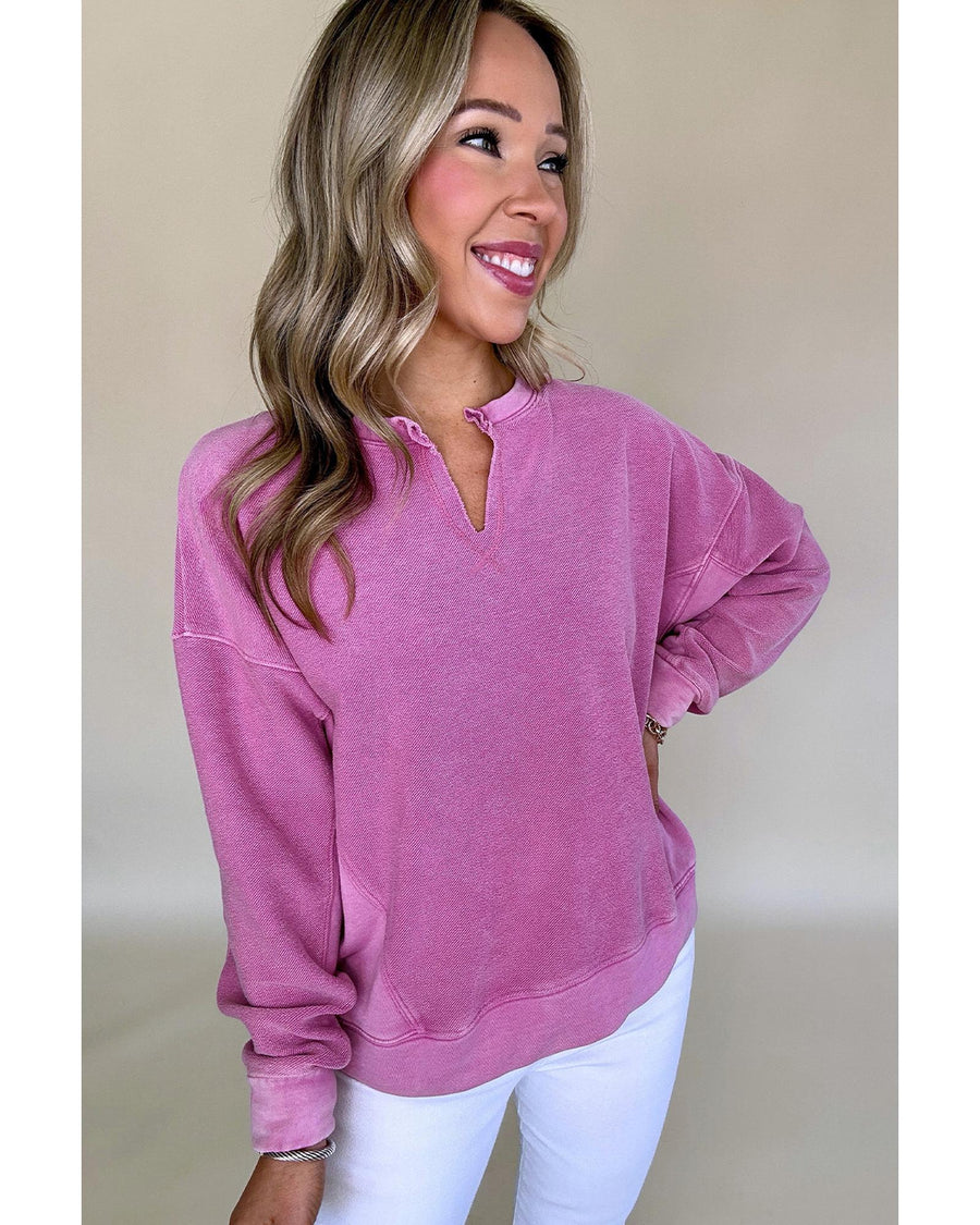 Bright Pink Solid Color Notched Neck Drop Shoulder Sweatshirt - M