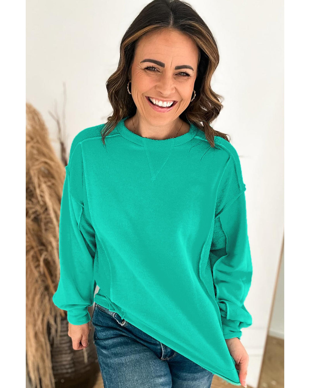 Mint Green Splicing Round Neck Pullover Sweatshirt - XL