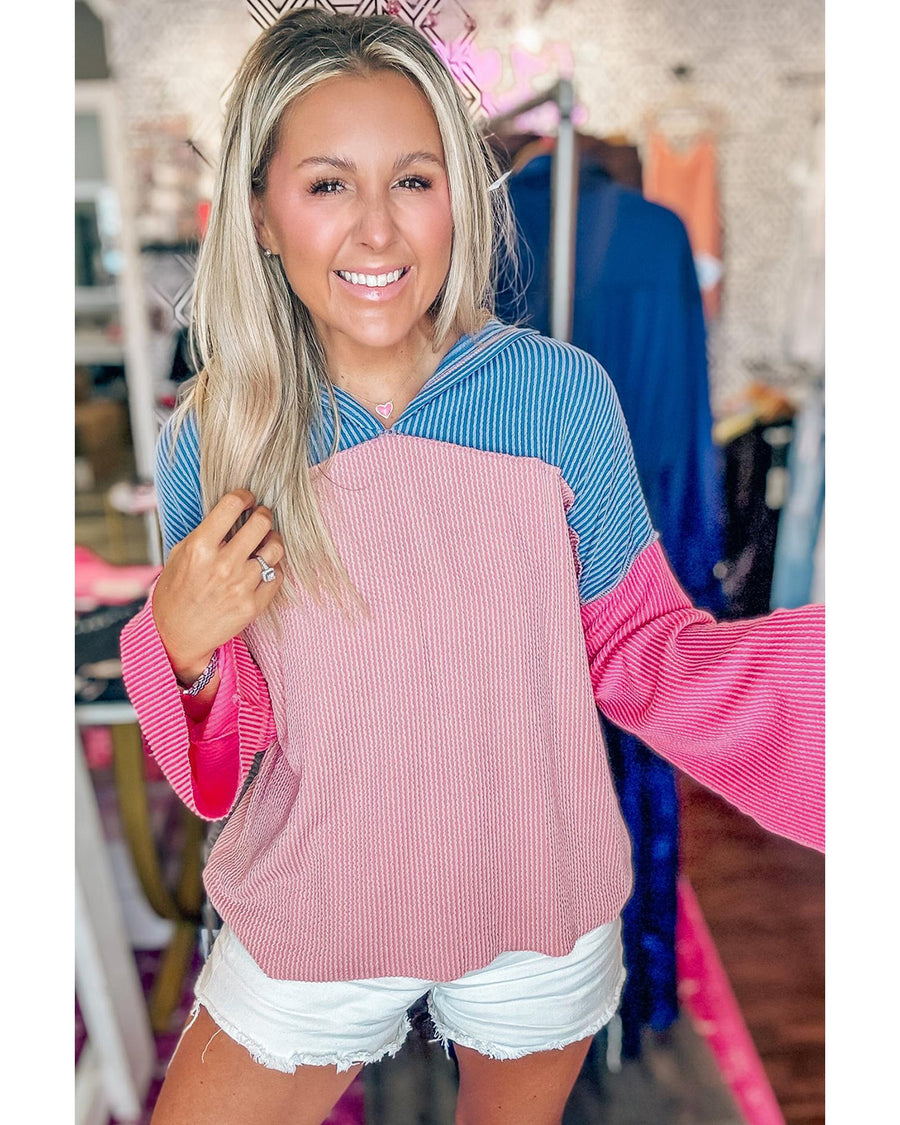 Pink Color Block Patchwork Corded Knit Loose Fit Hooded Blouse - XL